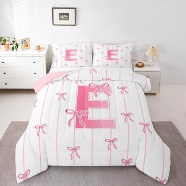 Imagem de jejeloiu Conjunto de edredom com laço rosa para todas as estações, com 1 fronha, letra E, microfibra, roupa de cama de solteiro, kawaii, laços coquetes, decoração de quarto, edredom com monograma