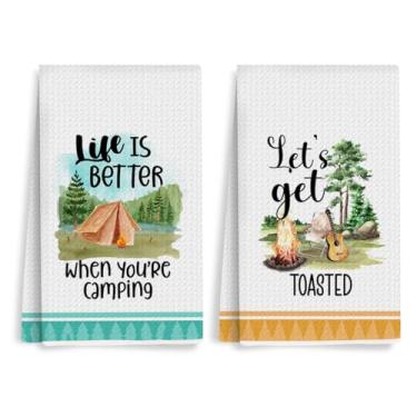 Imagem de Conjunto de 2 toalhas de cozinha para acampamento, conjunto de 2 toalhas de prato estilo aquarela, kit de toalhas de mão absorventes para trailers, itens essenciais de cozinha 61 x 35 cm para