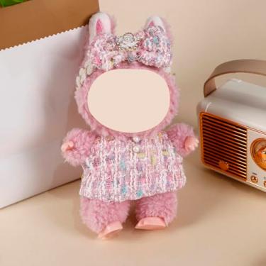 Imagem de Compatível com Labubu (sem boneca) – Faixa de cabeça com laço de tweed rosa e colete de botão de pérola para bonecas de pelúcia de 15 cm/17 cm, acessórios de roupa de boneca (rosa)