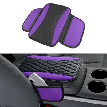 Imagem de Tioollev Capa de console central de carro de couro patchwork, almofada protetora de braço de couro de microfibra com 2 sacos de armazenamento, almofada universal de apoio de braço de carros para SUV