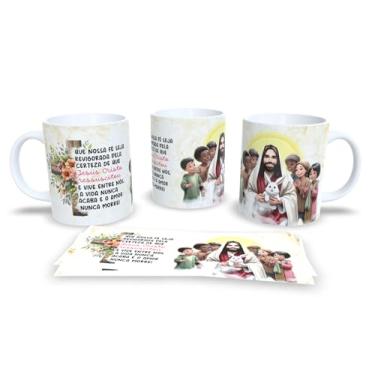 Imagem de Caneca Religiosa com Mensagem de Fé, Porcelana Branca, Arte Dupla Face com Ilustração Cristã e Flores, Presente Inspirador (18063)