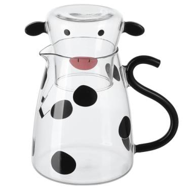 Imagem de PRETYZOOM Garrafa de água de vidro de vaca com copo, jarro de cabeceira de 550 ml com copo noturno, seguro para microforno, suprimentos para quarto de meninas