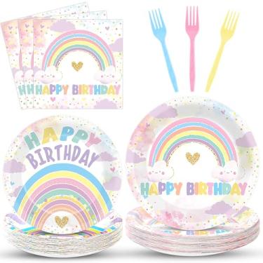 Imagem de Conjunto de 96 peças boho, pastel, arco-íris, pratos de papel, guardanapos, garfos, para festa com tema de nuvem arco-íris, sobremesa, pratos descartáveis para meninas, conjunto de feliz aniversário