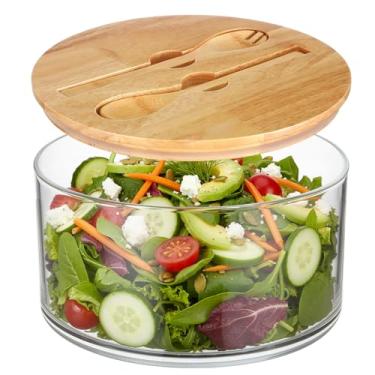 Imagem de Yiyiring Tigela de vidro extra grande de 6,095 g com tampa de vedação, tigela grande de salada de 25 cm com utensílios de servir de madeira, recipiente versátil para misturar e servir para colocar