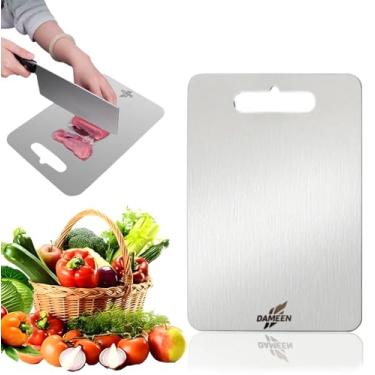 Imagem de DAMEEN Tábua de corte de aço inoxidável para cozinha, aço inoxidável 304, dupla face, tábua de cortar antiaderente, pode ser lavada na lava-louças, – para carne, legumes, frutas, uso ao ar livre e
