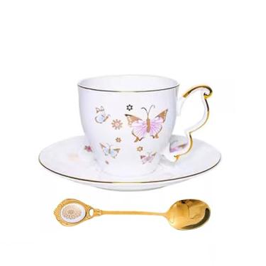 Imagem de PANAOAHU Conjunto de xícara e pires de borboleta, xícara de chá e pires de porcelana com colher, caneca de café de porcelana com acabamento dourado, pode ser lavada na lava-louças, presente para