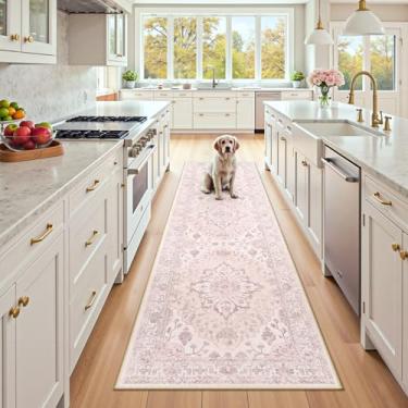 Imagem de RELEANY Tapetes de área de 6 x 20 cm lavável, antiderrapante, estampa floral, vintage, tapete medalhão para sala de estar, quarto, sala de jantar, rosa, cinza, rosa fofo