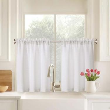 Imagem de Ebesto Conjunto de 2 painéis de cortinas de cozinha Natural Farmhouse, 76 cm de comprimento, cortinas de linho de tecido macio para acampamento de porão de banheiro de meia janela pequena, bolso de