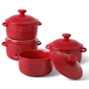 Imagem de Conjunto de mini cocotte, pratos de caçarola pequena de 293 g com tampas, conjuntos de caçarola de cozinha de cerâmica com alças, tigelas grandes de sopa de cebola francesa, potes de sopa para cebola