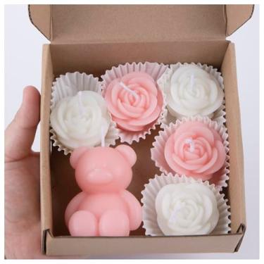 Imagem de 6 peças de lembrancinhas de chá de bebê para convidados, faça você mesmo, velas flutuantes, lembrancinhas de festa, velas perfumadas de tealight de gênero, presentes de devolução (urso-rosa)