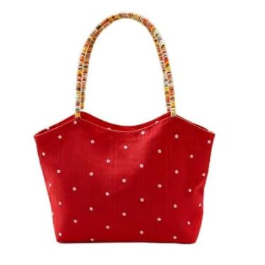 Imagem de Bolsa feminina de lona floral vermelha estilo coreano, bolsa de ombro de tecido colorido para mulheres, bolsa de compras casual, Vermelho, Medium