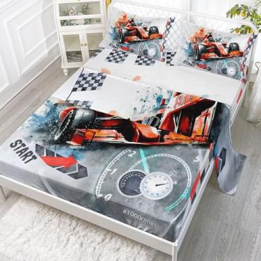 Imagem de Smell Sunshine Jogo de lençol Queen com estampa de carro de corrida esportivo, 4 peças, para adolescentes, meninos, meninas, com 1 lençol de cima e 1 lençol com elástico + 2 fronhas