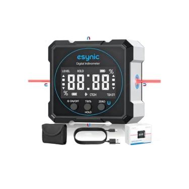 Imagem de eSynic Localizador de ângulo digital de alta precisão com laser IP54 Waterpoof 4 lados inclinômetro digital magnético grande visor LCD ferramenta localizadora de ângulo recarregável (nível laser