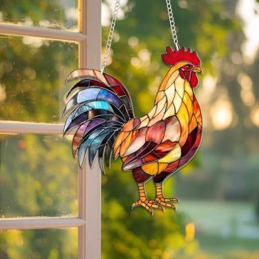 Imagem de Captador de sol estilo vitral de galo - pendurado em acrílico para janela de 15 cm - Decoração colorida de apanhador de luz de galinha para casa ou jardim - Enfeite de animal de fazenda plano 2D