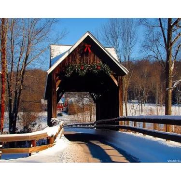 Imagem de VNUIEHG Kit de pintura por números para adultos Ponte coberta de Natal Old Footbridge Pictures Royalty 40,6 x 50,8 cm DIY Color by Numbers Tinta acrílica sem moldura Kits de pintura em tela para