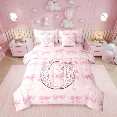 Imagem de Erosebridal Conjunto de cama solteiro com letra O e laço alfabeto rosa, 7 peças, kawaii, corações de amor, conjunto de edredom com lençol com estampa de flores e laço