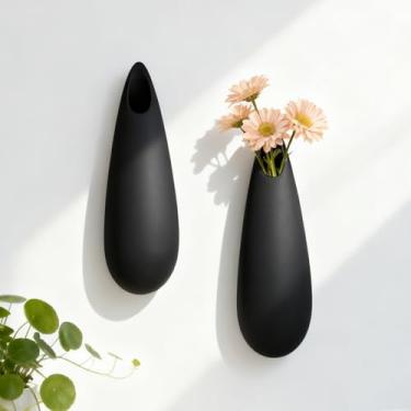 Imagem de DOCFLVAS Vaso de cerâmica escultural de parede — Pacote com 2 vasos de arandela pretos | Transforme flores em arte — Arandela decorativa de cerâmica para exibição de haste única