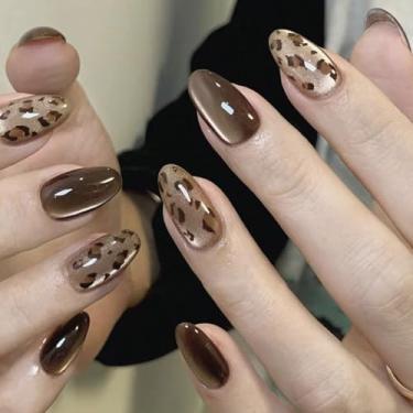 Imagem de Unhas postiças curtas curtas e médias com olho de gato com estampa de leopardo simples Desien cobertura completa cola acrílica falsa em unha para mulheres, 24 peças