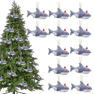 Imagem de Vertintong 12 peças de tubarão de feltro com chapéu de Papai Noel, enfeite de tubarão com chapéu de Papai Noel, enfeite de pendurar com cordão de cânhamo, tema oceano biodegradável para árvore de
