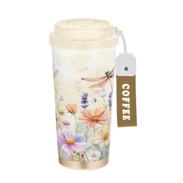 Imagem de SEHANY Caneca de viagem colorida de ervas silvestres de 500 ml Copos de café reutilizáveis revestidos de cerâmica com tampa à prova de vazamento, parede dupla, isolamento a vácuo, copo de café de aço