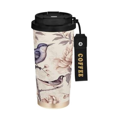 Imagem de SEHANY Caneca de café de viagem Flores e pássaros de 482 g com tampa revestida de cerâmica e à prova de vazamento, parede dupla, copo de aço inoxidável isolado a vácuo para bebidas quentes e frias