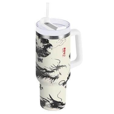 Imagem de xigua Copo vintage com estampa de dragão 1,134 g com tampa e canudo, aço inoxidável de vácuo duplo isolado garrafa de água esportiva suporte para copo de café de viagem à prova de vazamento para