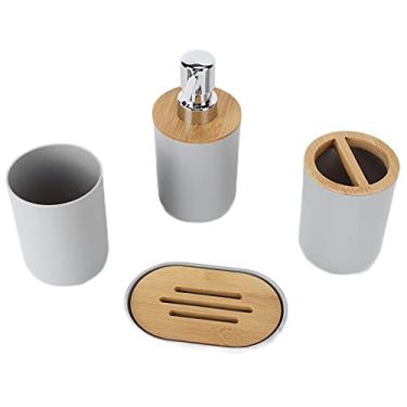 Imagem de YOUTHINK Conjunto de Banheiro de 4 Unidades, Material de Bambu, Suporte de Escova de Dentes Elegante, Saboneteira, Dispensador de Loção para Casa ou Hotel (Cinza)