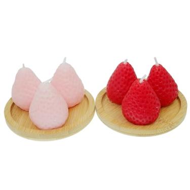Imagem de KCVC 6 velas perfumadas em forma de morango, 2 peças de castiçal bomboo, mini vela decorativa de cera de soja com aroma de frutas para decoração de casa, decoração de mesa, acessório para fotos, velas
