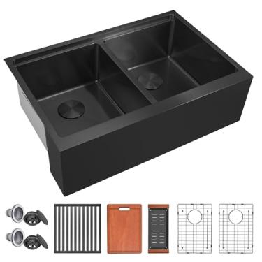 Imagem de Pia de fazenda embutida de 71 cm (28 polegadas), pia frontal de cozinha de fazenda, pia de estação de trabalho de tigela dupla preta com acessórios abundantes (preto, 71 x 56 cm)