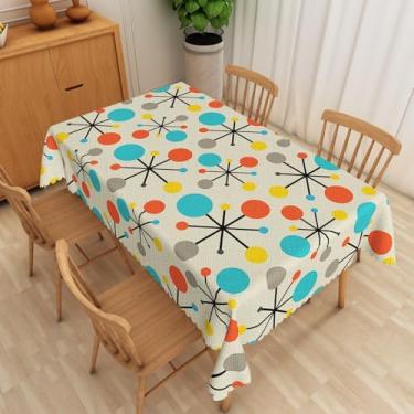 Imagem de Umpoo Toalha de mesa retangular de meados do século, 152 x 300 cm, estampa vintage colorida de bolinhas retrô arte atômica, toalha de mesa de linho decorativa dos anos 50 para sala de jantar, cozinha