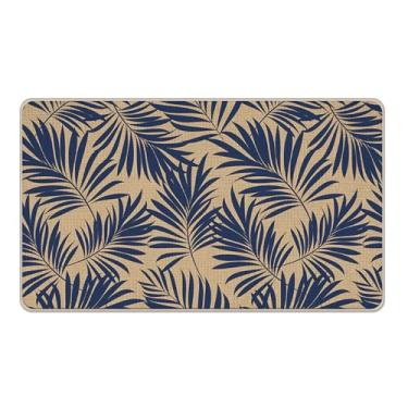 Imagem de Livcoz Tapete de porta frontal de boas-vindas com folhas de palmeira azul, planta tropical, botânica, tapete de entrada, tapete de entrada antiderrapante, decoração de cozinha de casa de perfil baixo