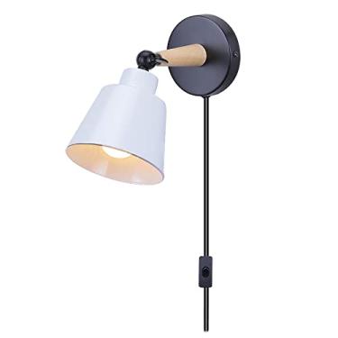 Imagem de Luminária de parede interna com plugue e interruptor liga/desliga, spots de parede ajustáveis, luminária de cabeceira de madeira para leitura, ideal para quarto, sala de estar, escritório, s
