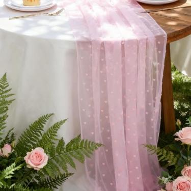 Imagem de Caminho de mesa de malha de coração de veludo rosa, corredor pastel de gaze, decoração de mesa de festa, decoração de jantar para casamento, aniversário, chá de bebê, Natal, dia dos namorados