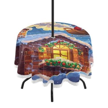 Imagem de CEBUGI Toalha de mesa redonda para uso ao ar livre, fundo natalino, impermeável, com furo Umberlla, capa de mesa lavável para pátio, cozinha, sala de jantar, 152 cm