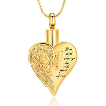 Imagem de mingkejw Joias de cremação para cinzas, colar de urna de coração de aço inoxidável para cinzas com medalhão de borboleta, lembranças, suporte de cinzas memoriais para animais de estimação humanos, Aço