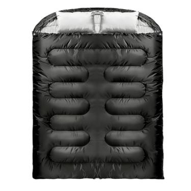 Imagem de SunHalo Gear Saco de dormir duplo preto para adultos com 2 travesseiros, bolsa de acampamento tamanho queen para duas pessoas, saco de dormir à prova d'água para acampamento em clima quente e frio