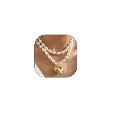 Imagem de 2 unidades de colar de coração de pérolas douradas para mulheres, gargantilha com contas de pérolas, colar com pingente de coração inchado, vintage, grosso, em camadas, empilhável, Large, Liga de aço