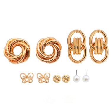 Imagem de Conjunto de 5 pares de brincos de ouro para mulheres, brincos modernos com pingente de nó grosso, coração, borboleta, pérola, cristal, joia, Large, Liga de aço, Sem pedra preciosa