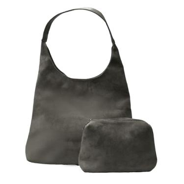 Imagem de Nupouch Bolsa Hobo de camurça Calla Milan, bolsa feminina de camurça vegana, elegante, bolsa, bolsa com zíper, conjunto de 2 peças, estilo moderno, Cinza, Medium