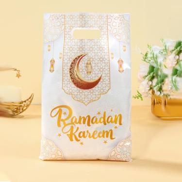Imagem de 50 peças de sacos de presente Ramadan Kareem, estampa de lanterna de lua dourada, tema do Ramadã, sacos de guloseimas de plástico branco com alça, bolsa de lanche para lembrancinha de festa islâmica