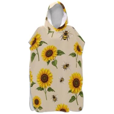 Imagem de Joisal Vintage Girassóis Abelhas Bege Surf Poncho Trocador para Adul Plus Size Homens Mulheres Poncho com Capuz Toalha de Natação com Capuz