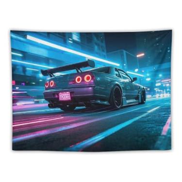Imagem de HouLaiZhe JDM Tapeçaria de carro Jdm carro R34 sob luz neon pista pendurar na parede quarto decoração de casa tapeçarias estética piquenique decoração de parede arte de parede para dormitório sala de