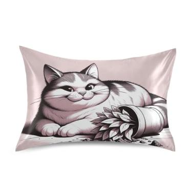 Imagem de Cute Cat Mischief Fronhas de cetim rosa para cabelo impressão artística resfriamento padrão queen king size fronhas macias cama tamanho padrão 66.0 cm x 50.8 cm
