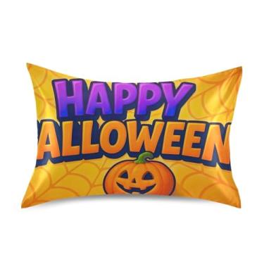 Imagem de Fronhas de almofada de cetim laranja abóbora de Halloween impressão personalizada refrescante King Queen capas de travesseiro de cama macia tamanho padrão 66 cm x 50 cm