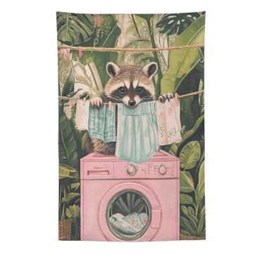 Imagem de Tapeçaria engraçada de guaxinim para lavanderia, animal fofo, pendurar na parede, folhas tropicais, lavadora, secadora, decoração para área de lavanderia, apartamento, dormitório, presente, decoração