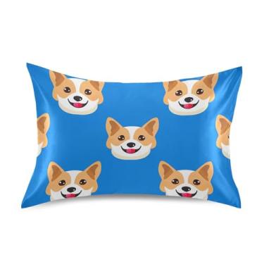 Imagem de Cute Corgis Dogs Blue Cartoon Cetim Cool Fronhas Personalizadas Padrão Rei Queen Fronha Macia Capa de Almofada King Size 101,6 cm x 50,8 cm