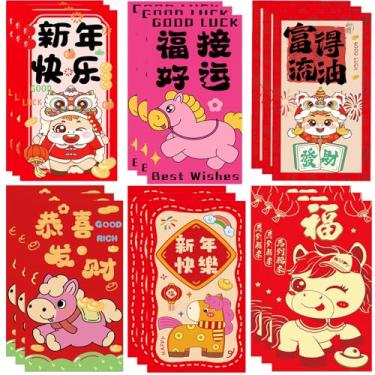 Imagem de Envelopes vermelhos de ano novo chinês de 36 peças - Pacote vermelho do ano do cavalo de 2026 com 50 moedas de latão chinês Feng Shui | Grande Hong Bao 9,5 x 16,7 cm | Bolsos chineses para dinheiro da