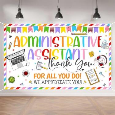 Imagem de Banner do Dia do Assistente Administrativo, 179,8 cm x 110 cm Pano de fundo colorido de agradecimento, decorações de agradecimento dos funcionários para profissionais de escritório e celebração