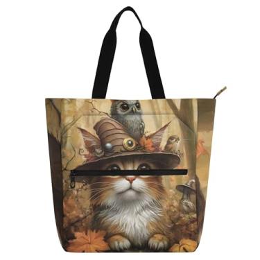 Imagem de Vintage Cat Witch Hat Tote Bag para mulheres crianças amantes de livros escola trabalho zíper bolsa de ombro folhas de outono impressão