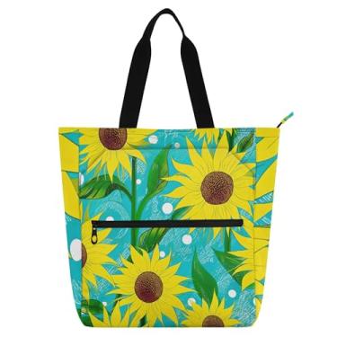 Imagem de GAIGEO Sacola feminina azul turquesa girassóis amarelos brilhantes para trabalho, lona, praia, escola, bolsa de mão para uso diário com compartimentos